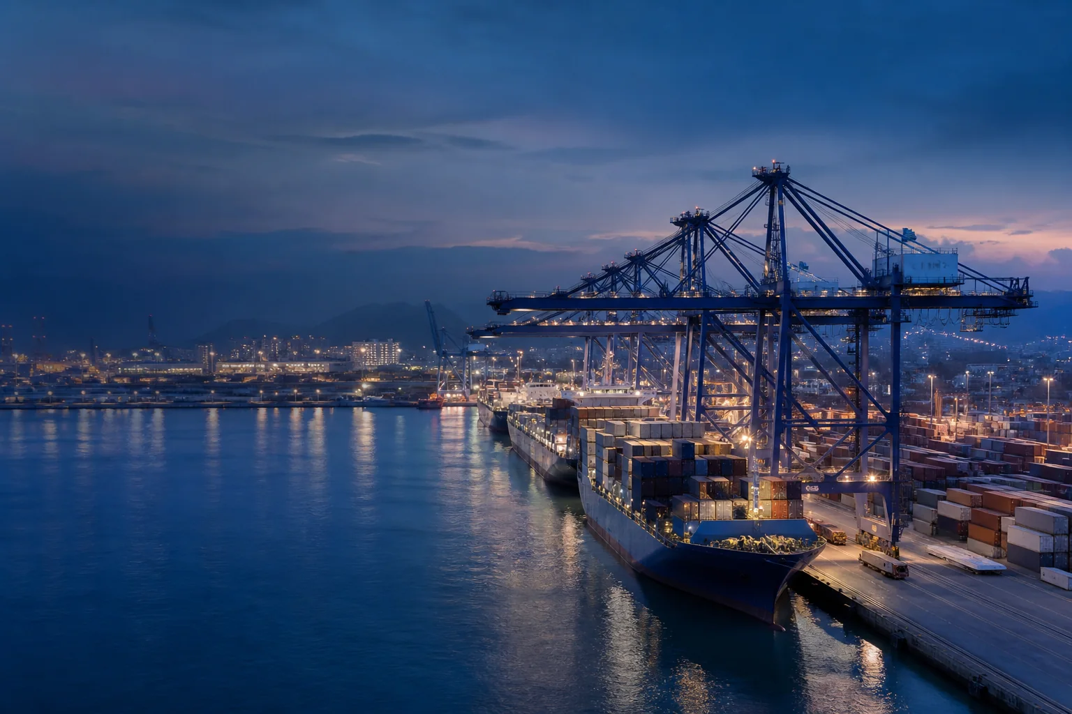 Modern container terminal operating at blue hour
